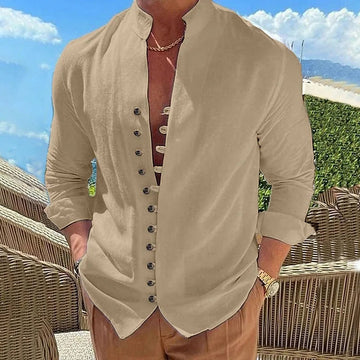 AIDASE  -  New Men's Vintage Casual Shirts Cotton Linen Long Sleeve Street Wear Lapel Button Solid Color Shirt For Men Vacation Blouse Top aidase-shop